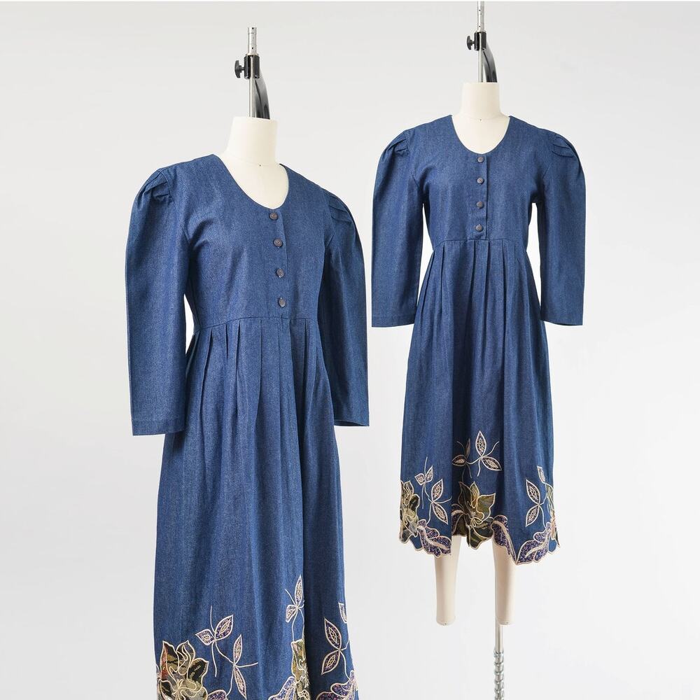 Vintage 80s Denim Puff Sleeve Embroidered Floral Full Jean Dress S M